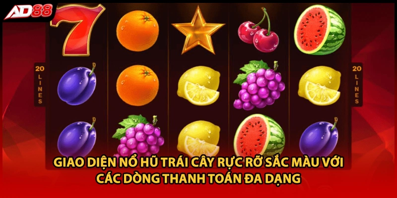 Giao diện nổ hũ trái cây rực rỡ sắc màu với các dòng thanh toán đa dạng